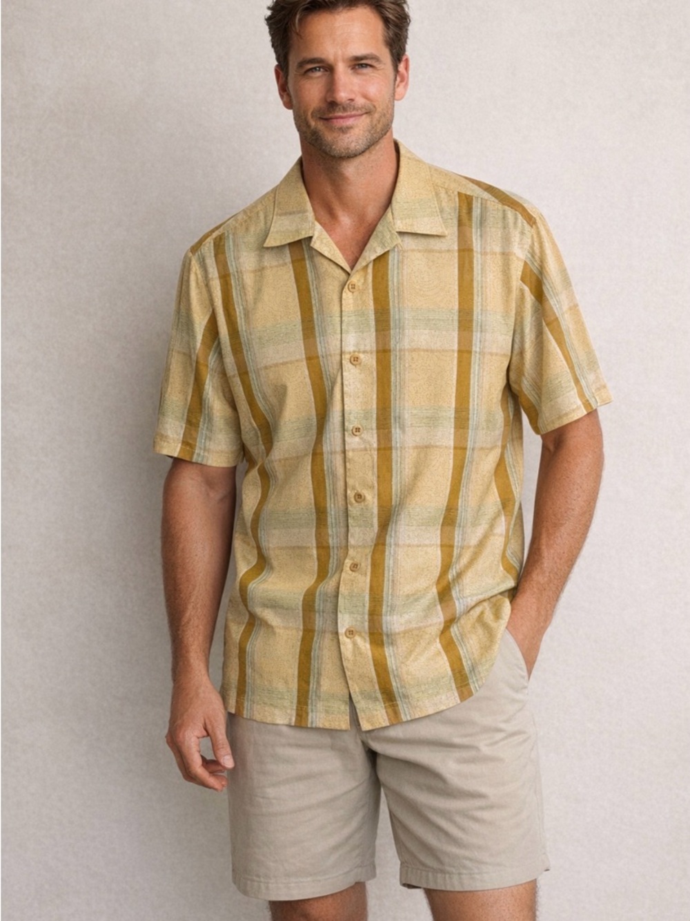 Tommy Bahama Silk Cotton Camp Shirt Yellow Plaid Large